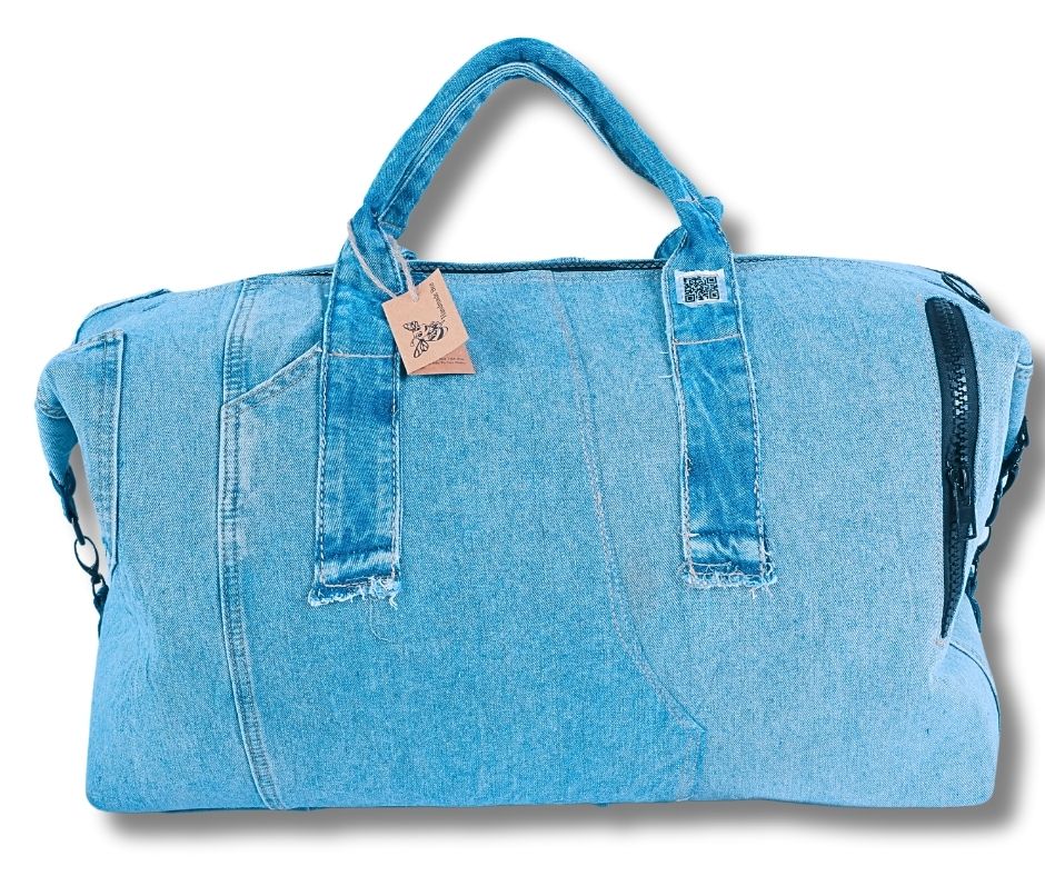 Recycled denim weekender duffle bag