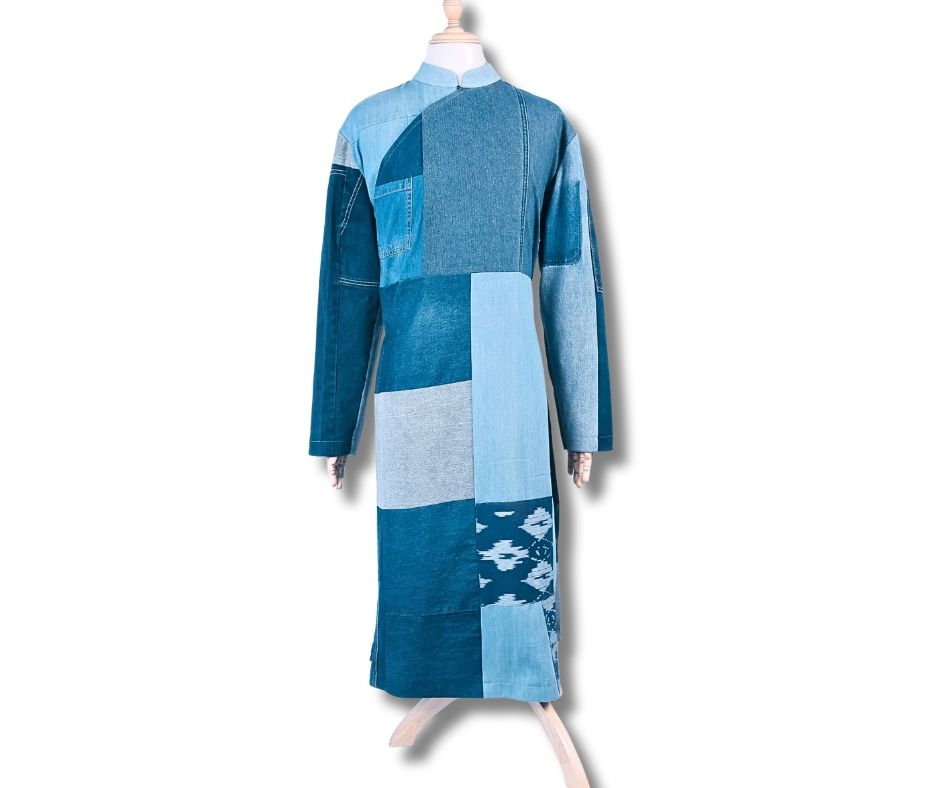 Recycled denim patchwork dress