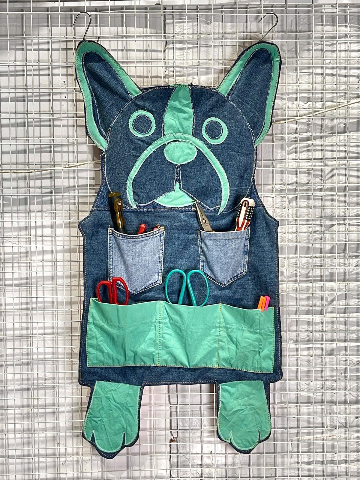 French bulldog wall pocket organizer made from recycled denim