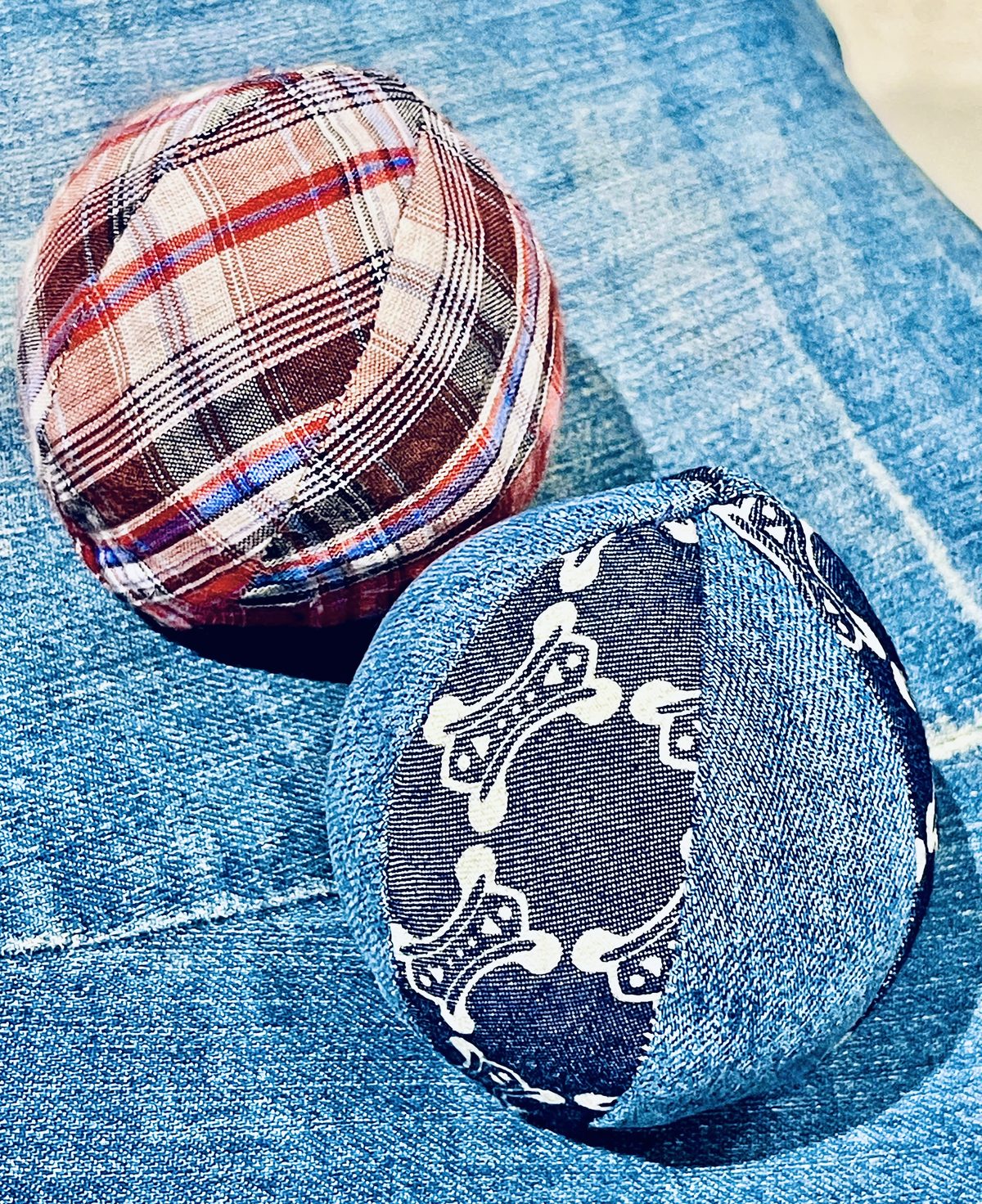 Two recycled fabric pet toy balls
