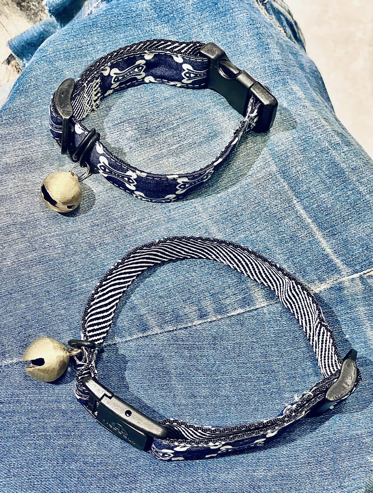 Recycled denim pet collars with brass bells