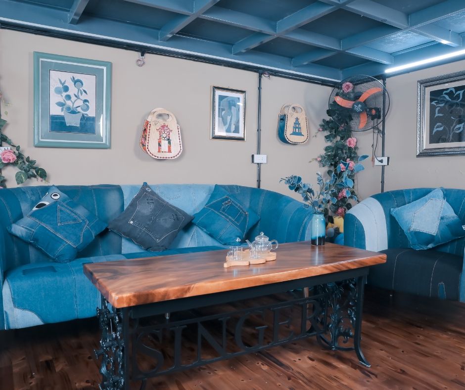 Recycled denim interior decoration in a styled room